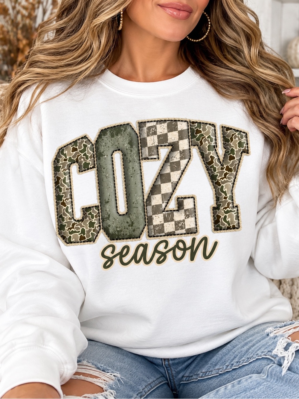 Gildan White Sweatshirt with Green Camo & Check 'COZY' Graphic